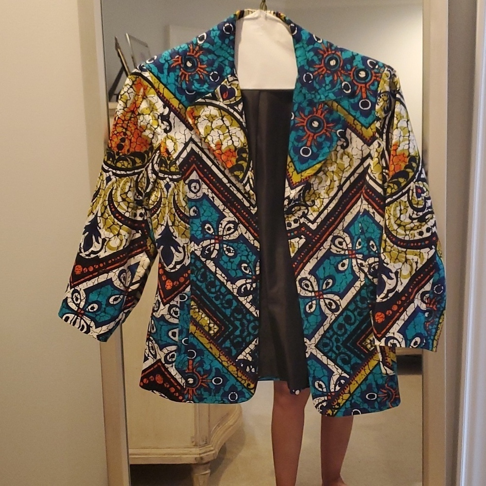 CHICO’S 0 blue orange lime white open front abstract jacket EUC